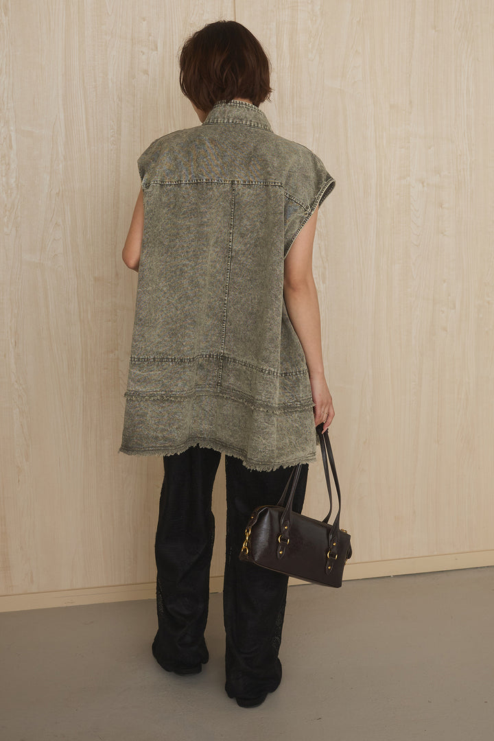 [SET]ケミカルデニムヘムカットオフジレ+レースサロペット(2set)