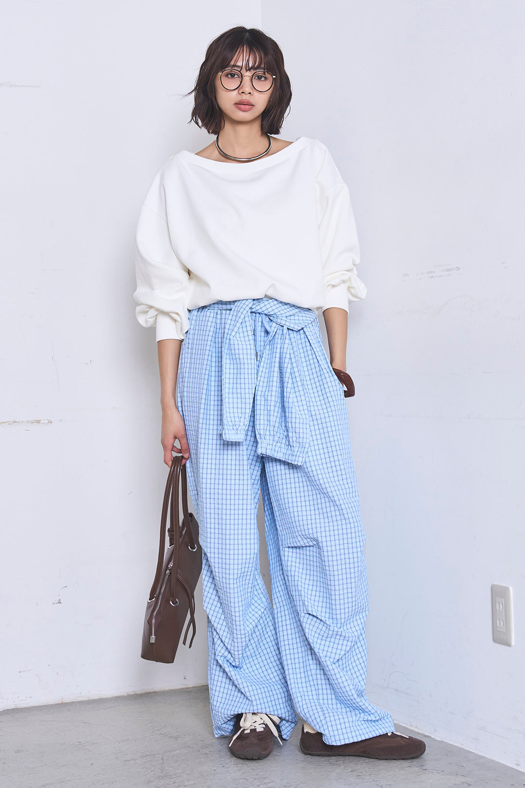 [SET]ワンショルスウェットプルオーバー+チェックウエスト巻きジョガーパンツ(2set)