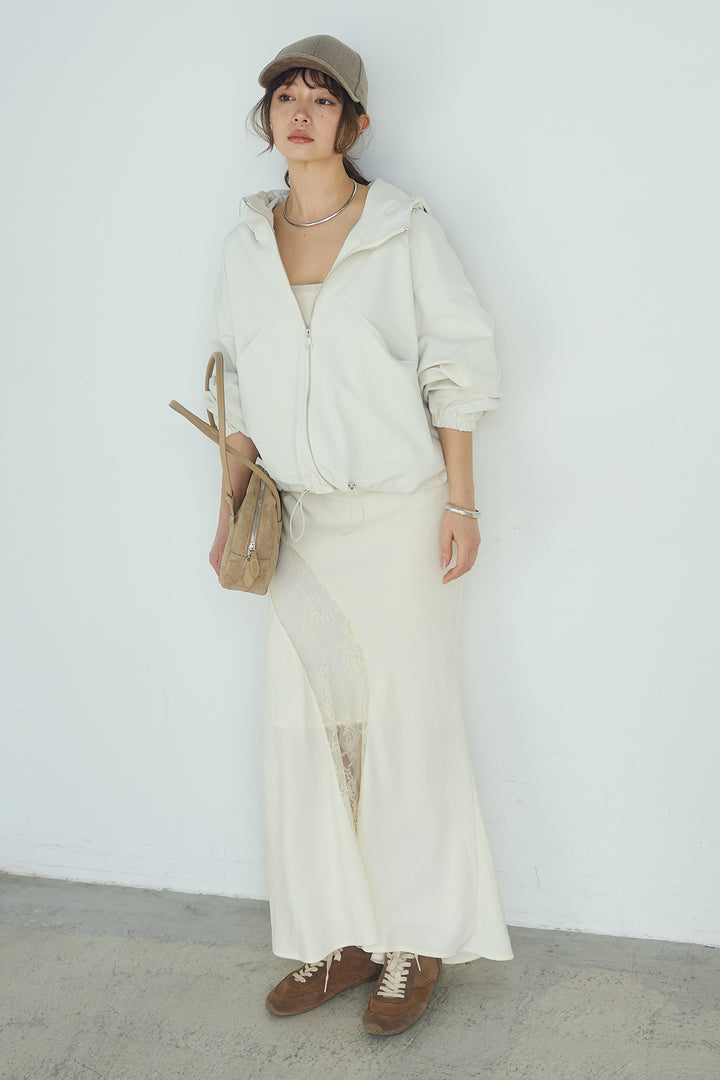 [SET]ネック裾絞りブルゾンアウター+刺繍レースデザインサテンスカート(2set)