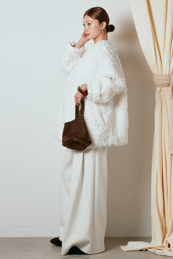 [SET]シープライクファージャケット+フェイクレザー太ベルト付きタックワイドパンツ(2set)