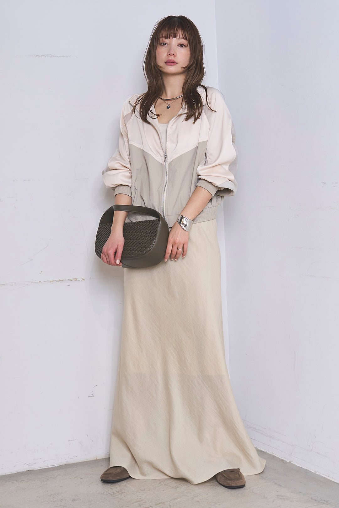 [SET]異素材切替ZIPブルゾン+リネンブレンドロングナロースカート(2set)