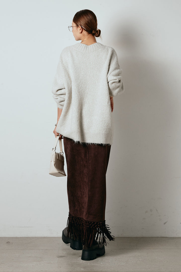 [SET]Vネックルーズラメニットトップス+スウェードライク裾フリンジスカート(2set)