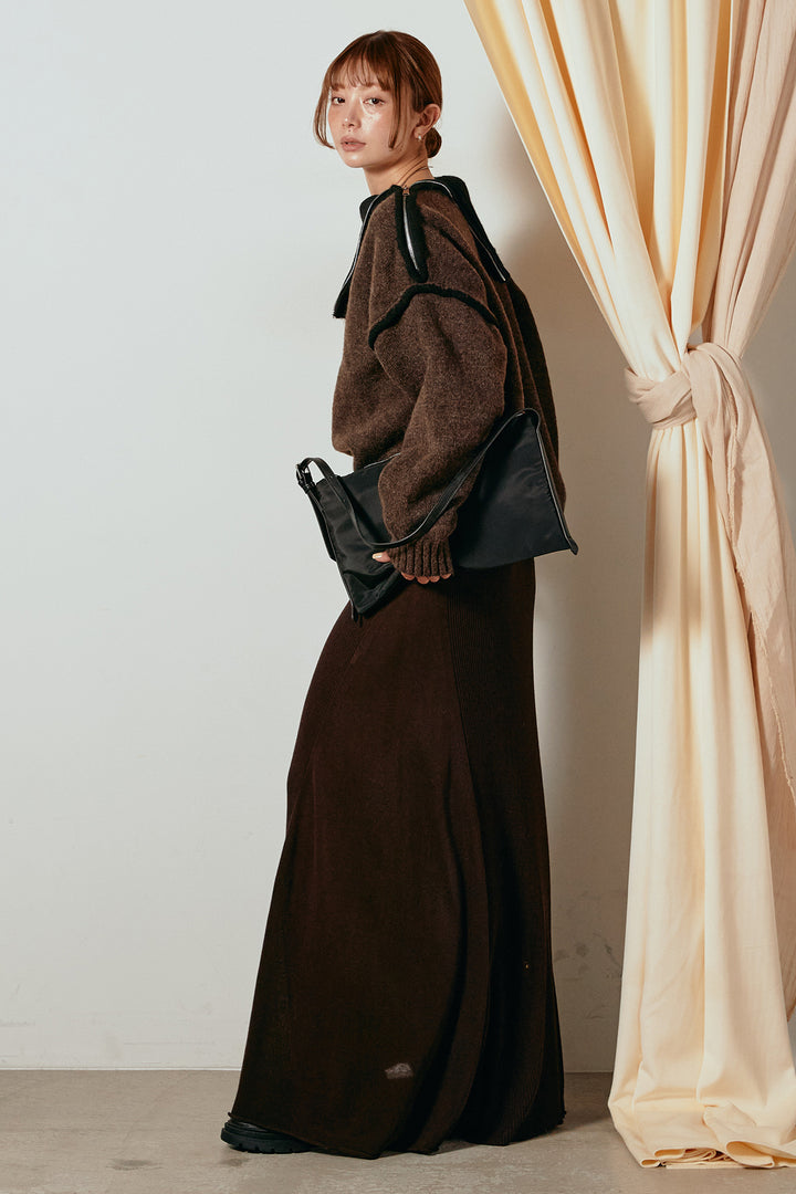 [SET]ハイネックジップデザインニットトップス+サイド切り替えリブニットロングスカート(2set)