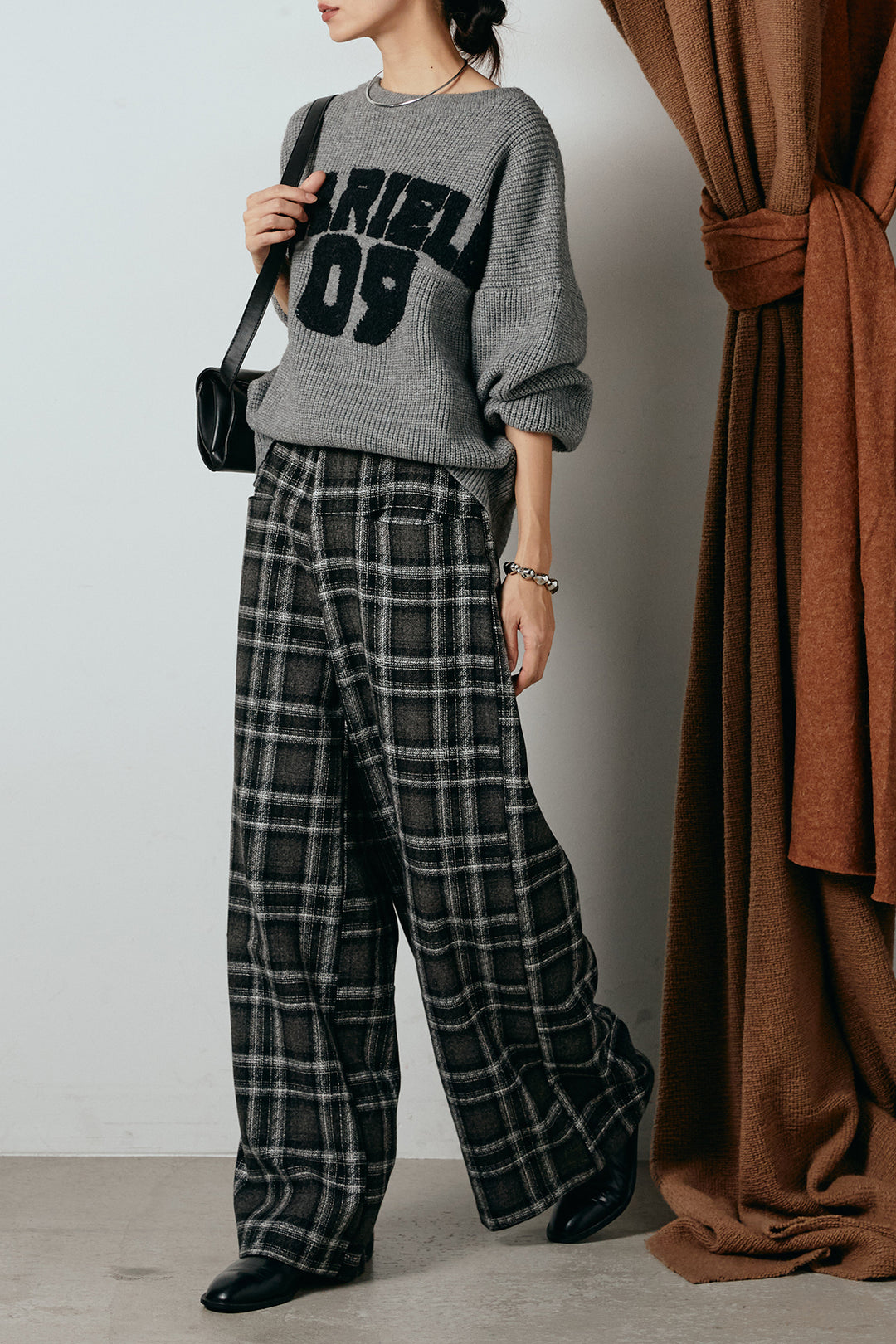 [SET]ロゴジャガードニットトップス+ルーズタータンチェックワイドパンツ(2set)