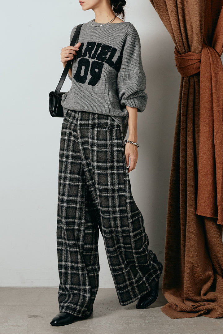 [SET]ロゴジャガードニットトップス+ルーズタータンチェックワイドパンツ(2set)