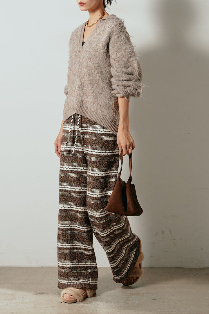 [SET]襟付きシャギーニットポロトップス+マルチライン柄リラックスニットパンツ(2set)