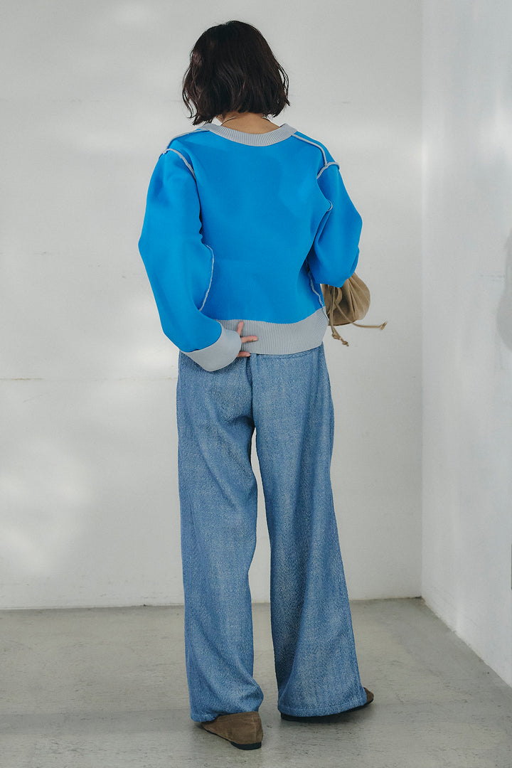 [SET]リバーシブル配色ニットカーディガン+デニムライクヘリンボーンタックパンツ(2set)