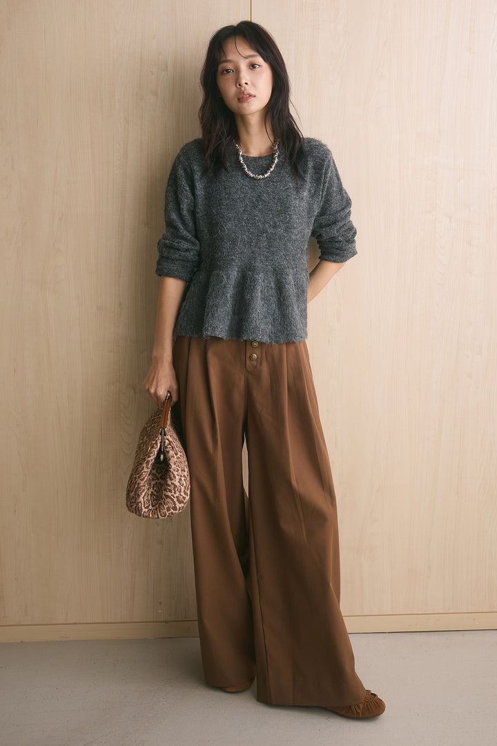 [SET]モヘアぺプラムクルーネックプルオーバー+ファイブボタンツータックワイドパンツ(2set)