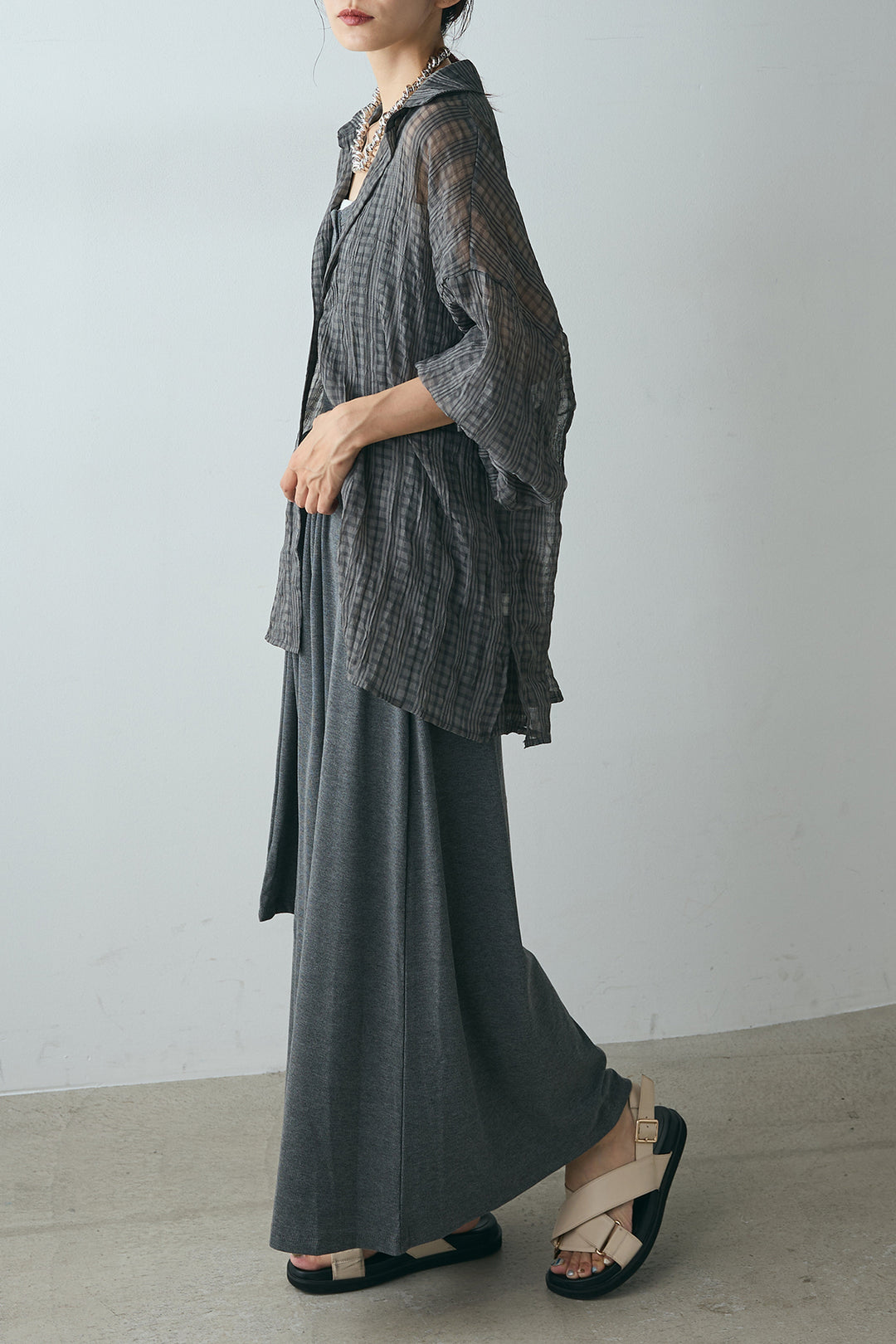[SET]シアーマルチチェック柄シャツ+ウエスト巻きリブロングワンピース(2set)