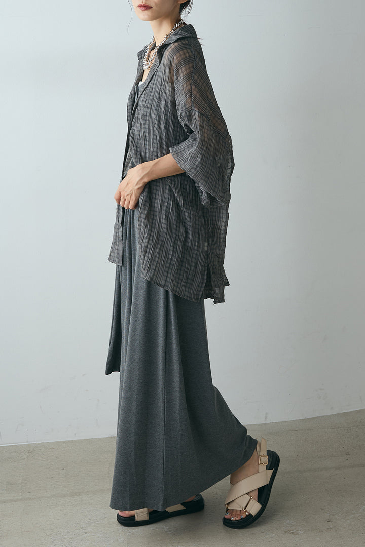 [SET]シアーマルチチェック柄シャツ+ウエスト巻きリブロングワンピース(2set)