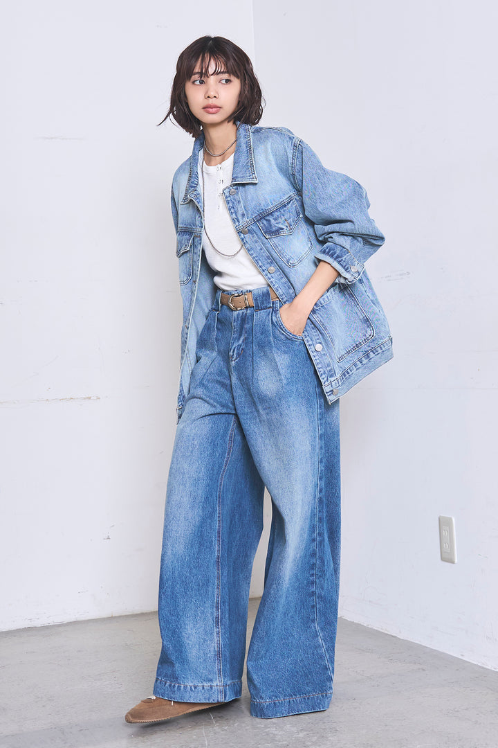 [SET]ケミカルデニムカバーオールジャケット+ベルトループワイドタックデニムパンツ+ヘンリーネックシアータンクトップ(3set)