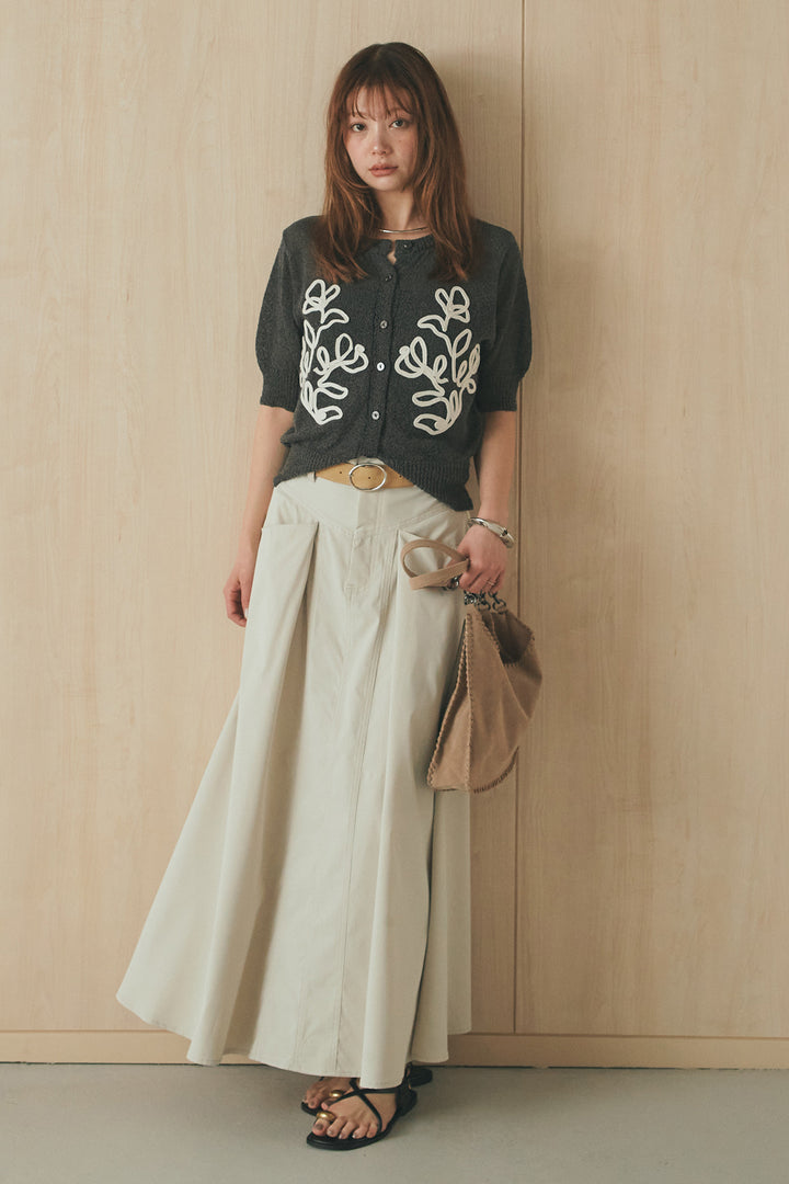 [SET]フロントテープデザイン半袖カーディガン+ミリタリーツイルタックフレアスカート(2set)