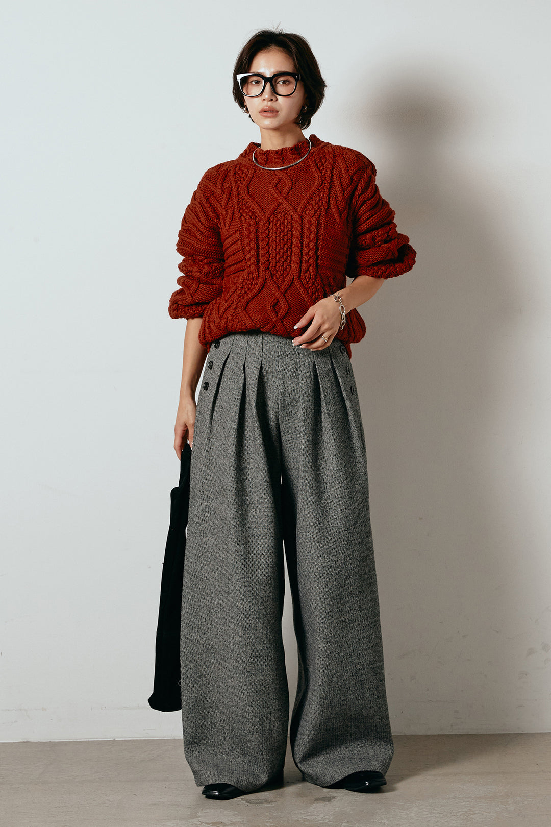 [SET]アラン柄ミックスケーブルニット+サイドボタンツイードタックパンツ(2set)