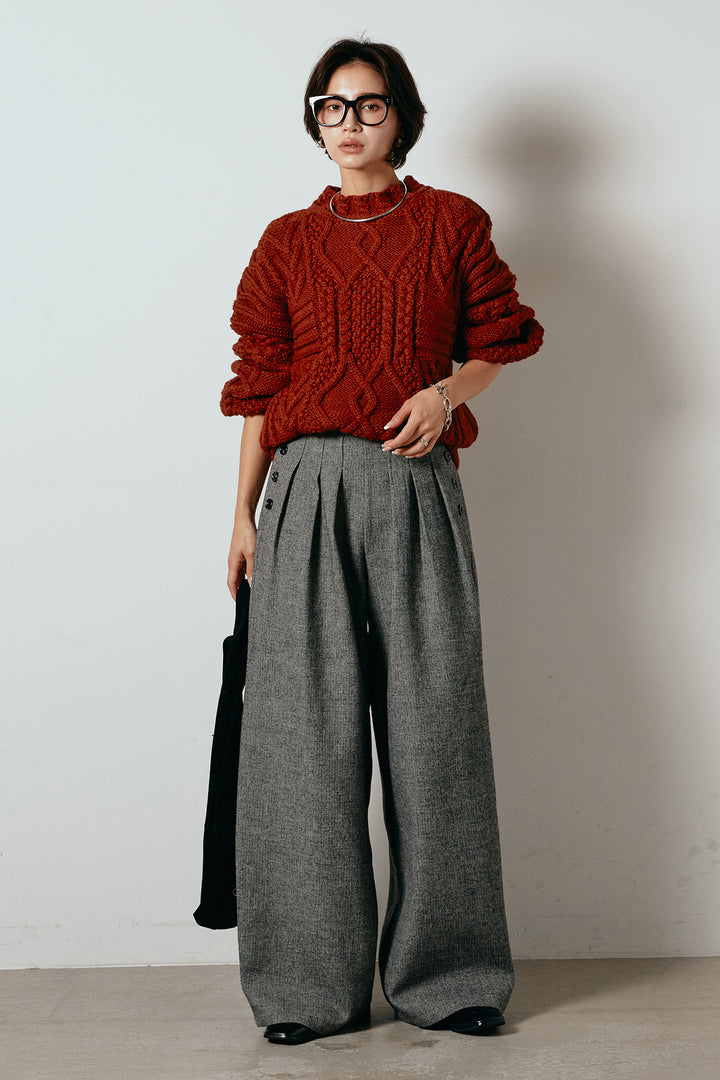 [SET]アラン柄ミックスケーブルニット+サイドボタンツイードタックパンツ(2set)