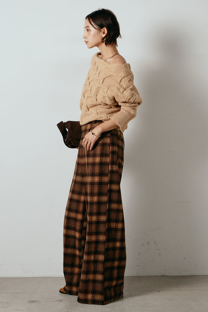 [SET]ボートネックニットトップス+ルーズタータンチェックワイドパンツ(2set)