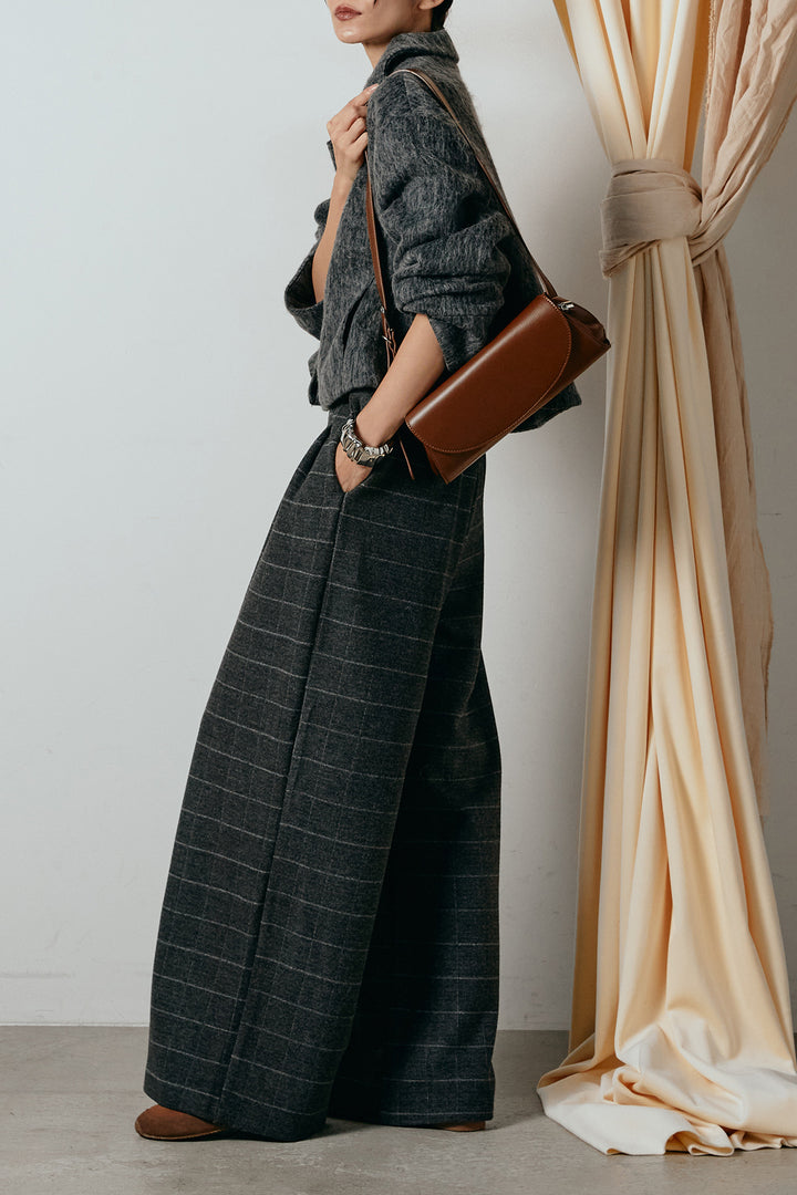 [SET]シャギーショートジャケット+スクエアチェック柄ワイドパンツ(2set)