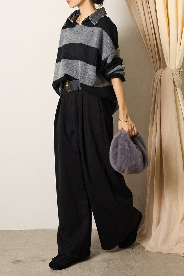[SET]デニムカラーボーダールーズニット+ゴールドバックル太ベルト付きワイドパンツ(2set)