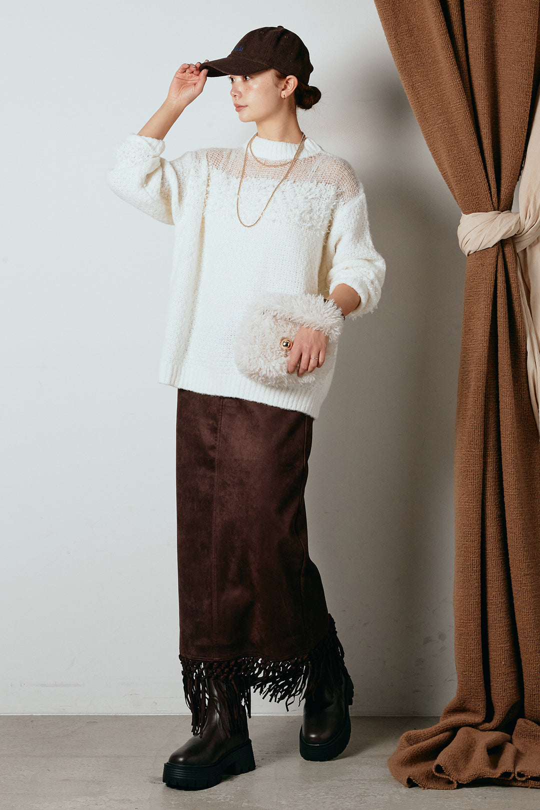 [SET]パターンランダム編みニットトップス+スウェードライク裾フリンジスカート(2set)