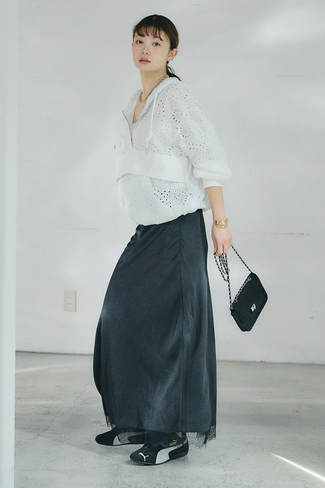 [SET]レースハーフジップアップフーディー+バイアスナローサテンスカート(2set)