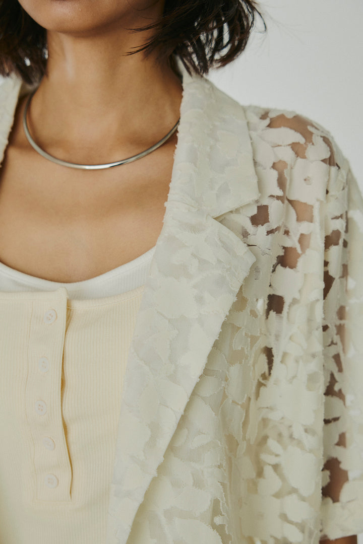 [SET]シアージャガードハーフスリーブテーラードジャケット+サテン切り替えデニムスカート(2set)