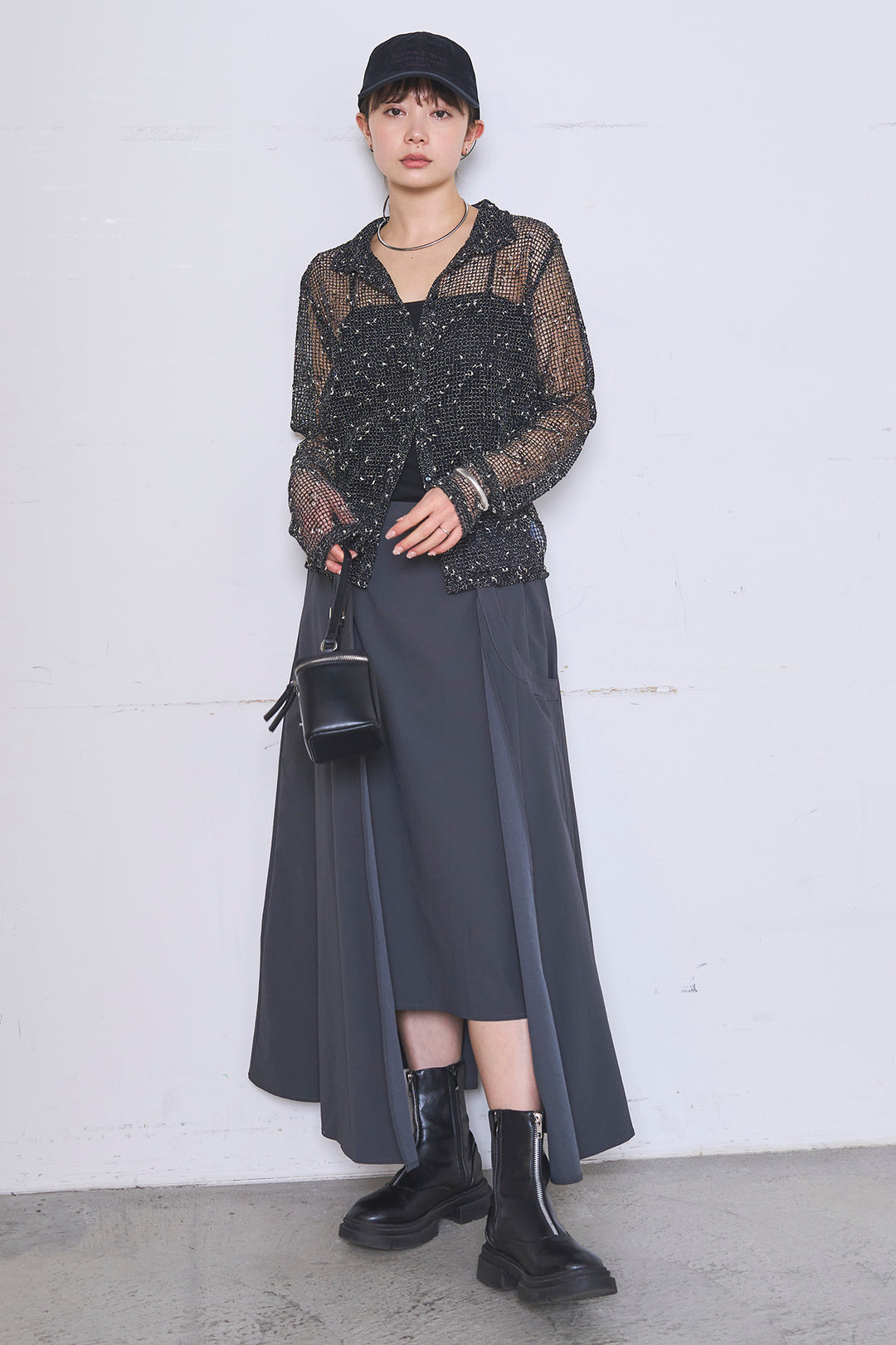 [SET]ネップメッシュポロ襟カーディガン+ラップレイヤードアシンメトリーデザインスカート(2set)