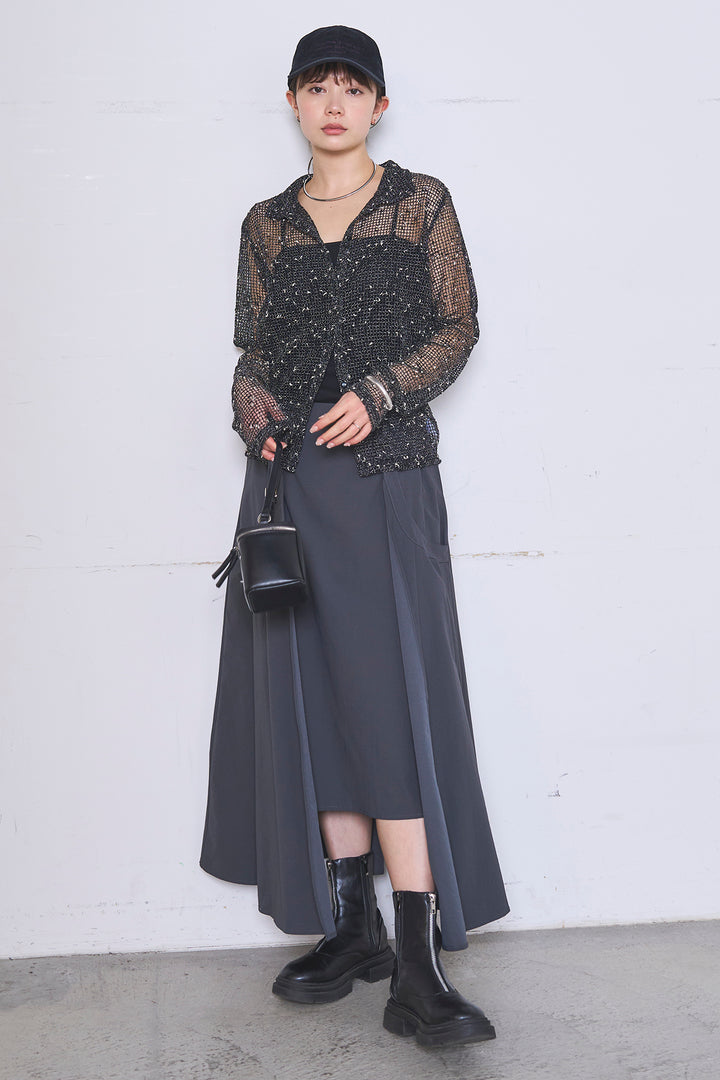 [SET]ネップメッシュポロ襟カーディガン+ラップレイヤードアシンメトリーデザインスカート(2set)