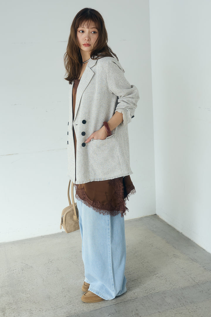 [SET]スラブネップツイードフリンジテーラードジャケット+ウエスト裁ち切りデニムワイドパンツ(2set)