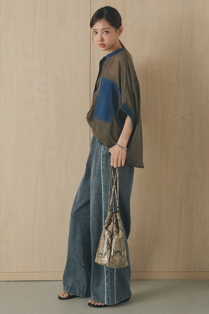 [SET]デニムライクビッグツーポケシアーシャツ+ドロストサイドラインデニムパンツ(2set)