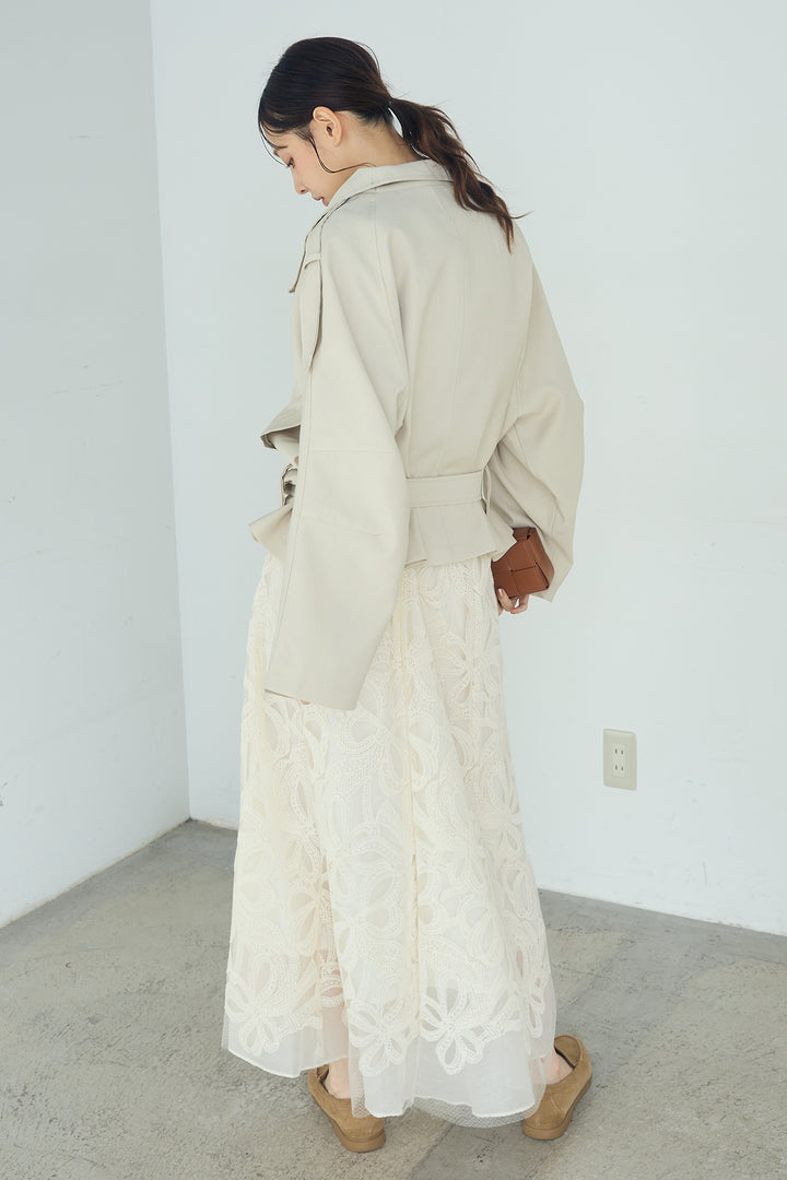 [SET]ベルト付きスタンドネックアウター+ニュアンス柄刺繍スカート(2set)