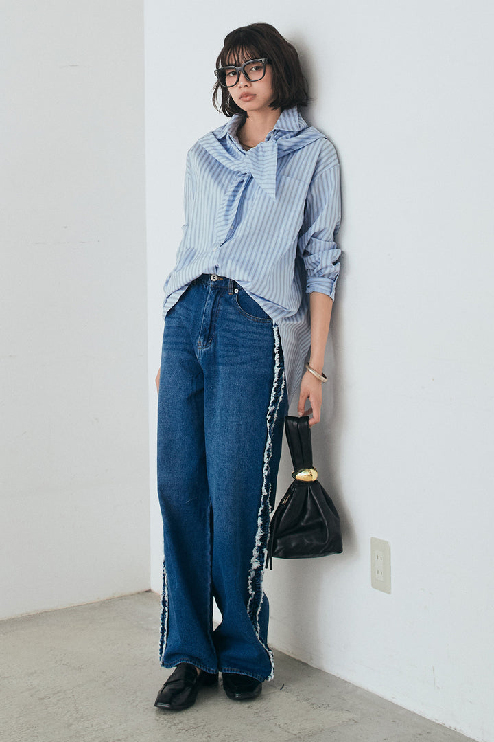 [SET]ランダムストライプスカーフ付きシャツ+デニムサイドフリルパンツ(2set)