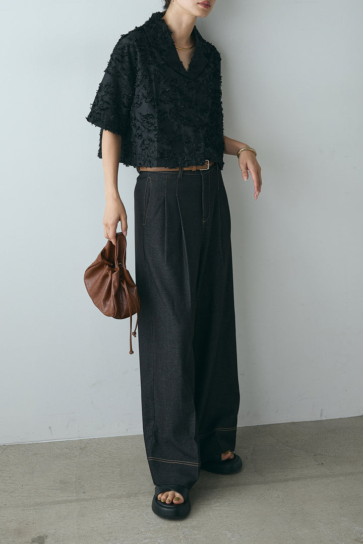 [SET]半袖オープンカラージャガード柄シャツ+ステッチデザインベルトワイドパンツ(2set)