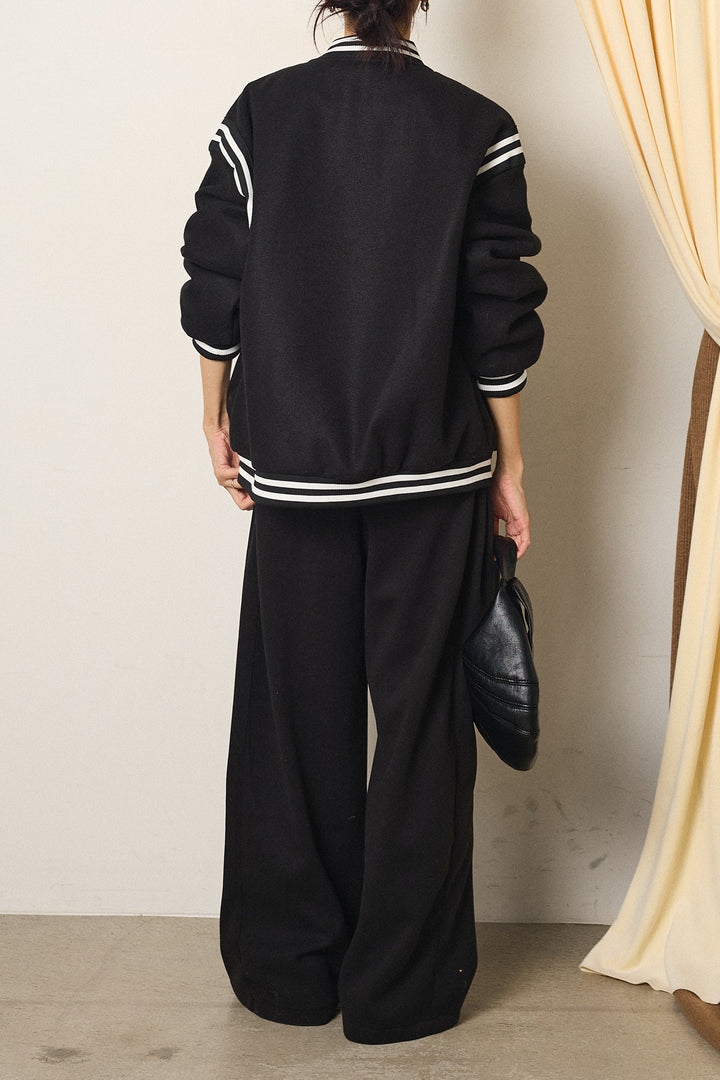 [SET]ワンポイントデザインブルゾン+編みベルト付きワイドパンツ(2set)