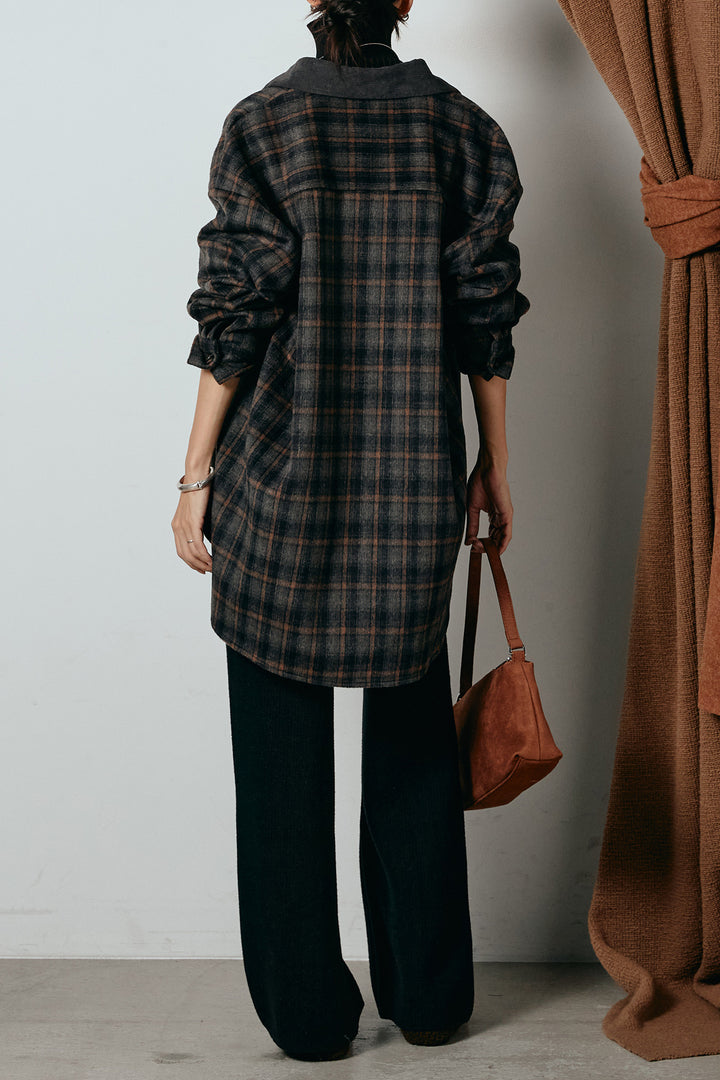 [SET]シャギーチェックシャツジャケット+ワイドリブニットイージーパンツ(2set)