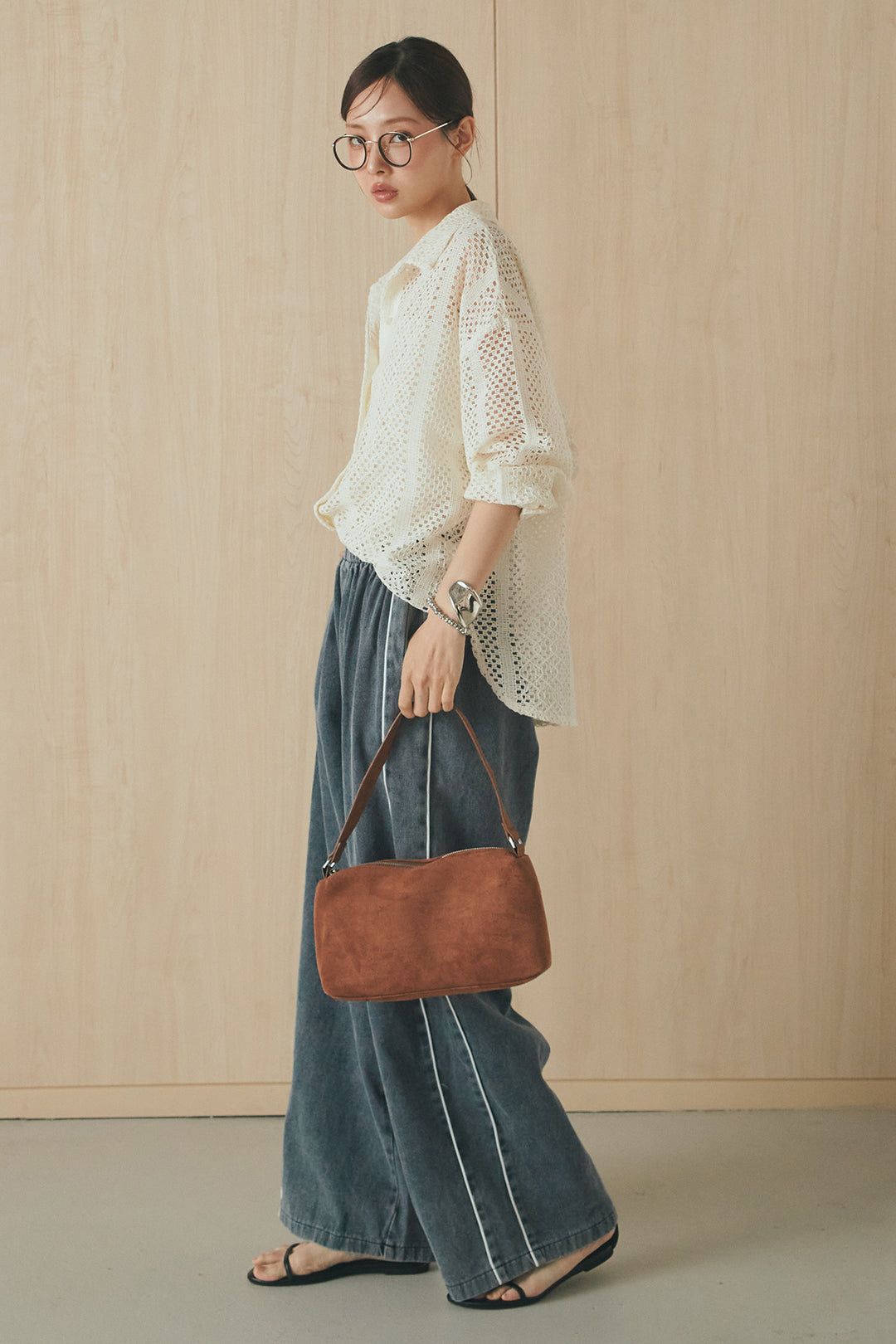 [SET]長袖襟付きレースシャツ+ドロストサイドラインデニムパンツ(2set)