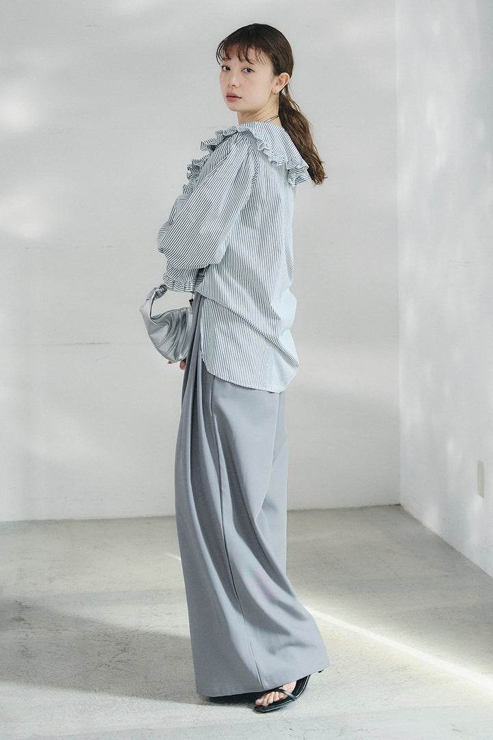 [SET]コットンフリルブラウス+ベルト付きタックデザインハイウエストロングパンツ(2set)
