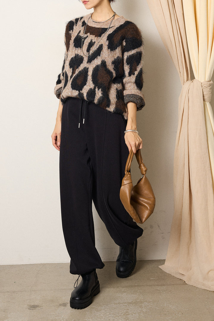 [SET]ルーズアニマルモヘアニットトップス+スウェットワイドカーブパンツ(2set)