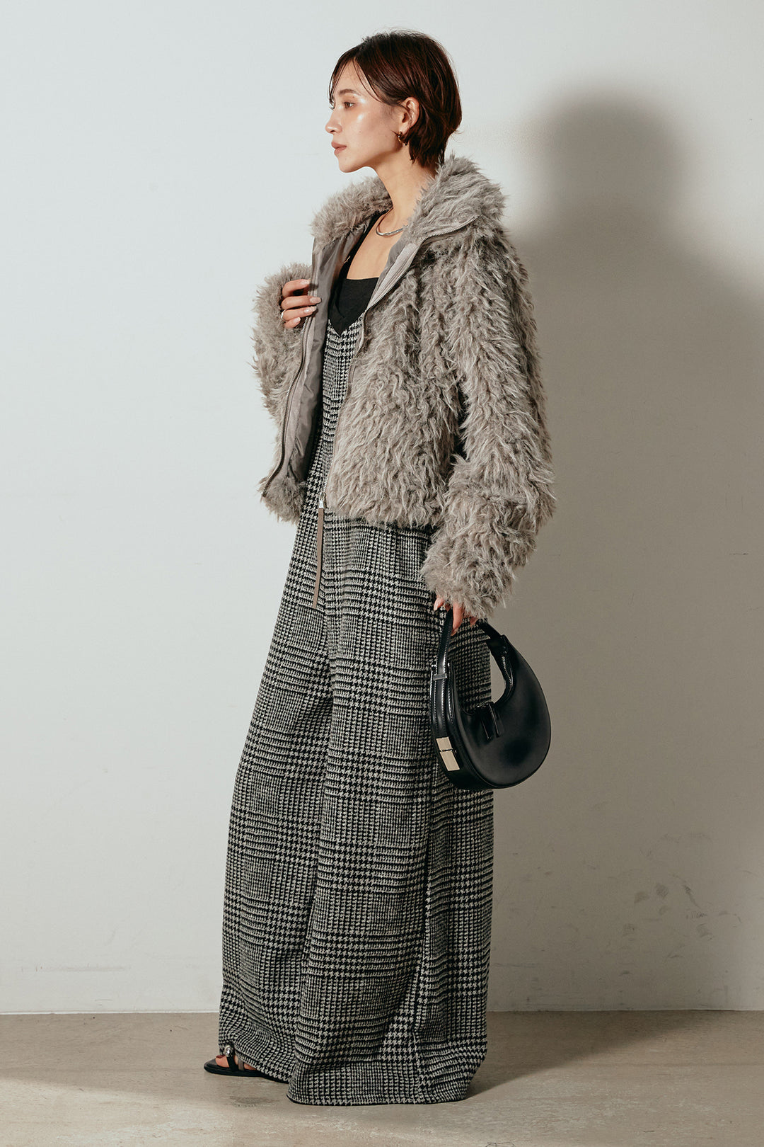 [SET]ミックスシープファースタンドブルゾン+前後2wayグレンチェック柄スカーチョサロペット(2set)