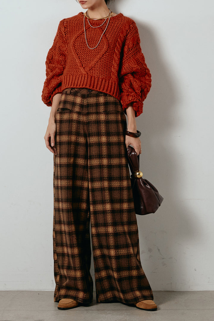 [SET]ロービングケーブルショート丈プルオーバー+ルーズタータンチェックワイドパンツ(2set)