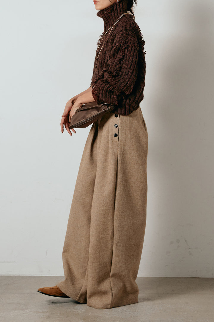 [SET]フリンジタートルショートニット+サイドボタンツイードタックパンツ(2set)