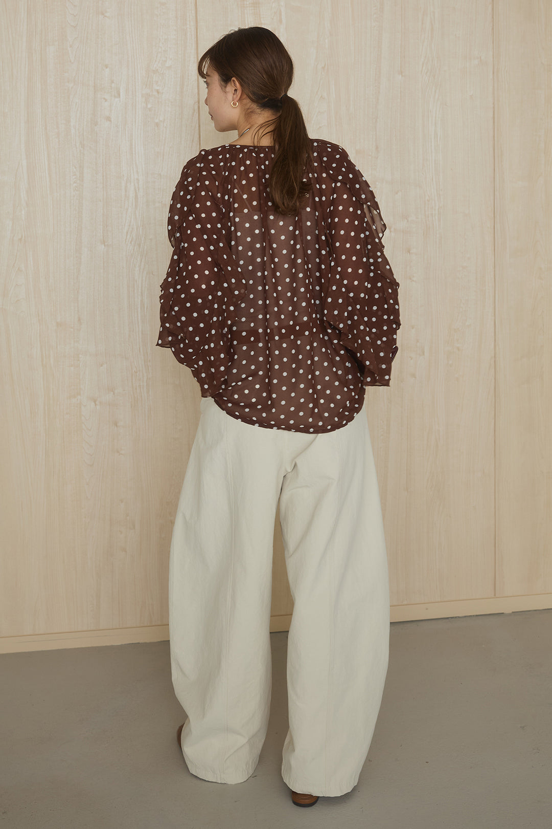 [SET]ドットフリル長袖ブラウス+コットンポリツータックセンターシームカーブパンツ(2set)