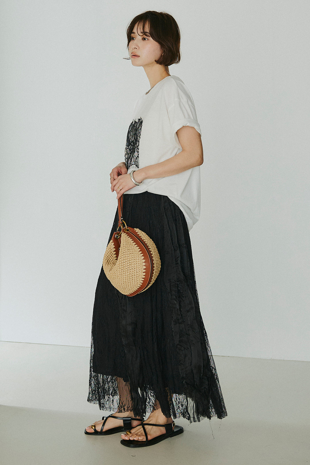 [SET]レースロゴ刺繍Tシャツ+レースコンビワッシャーギャザースカート(2set)