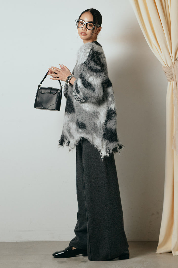 [SET]起毛裾デザインニュアンス柄ニットトップス+センターラインニットパンツ(2set)