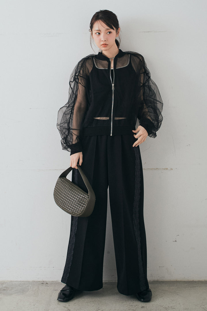 [SET]エアリーチュールスリーブシアーブルゾン+Wフェイスカットソーサイドレースラインパンツ(2set)