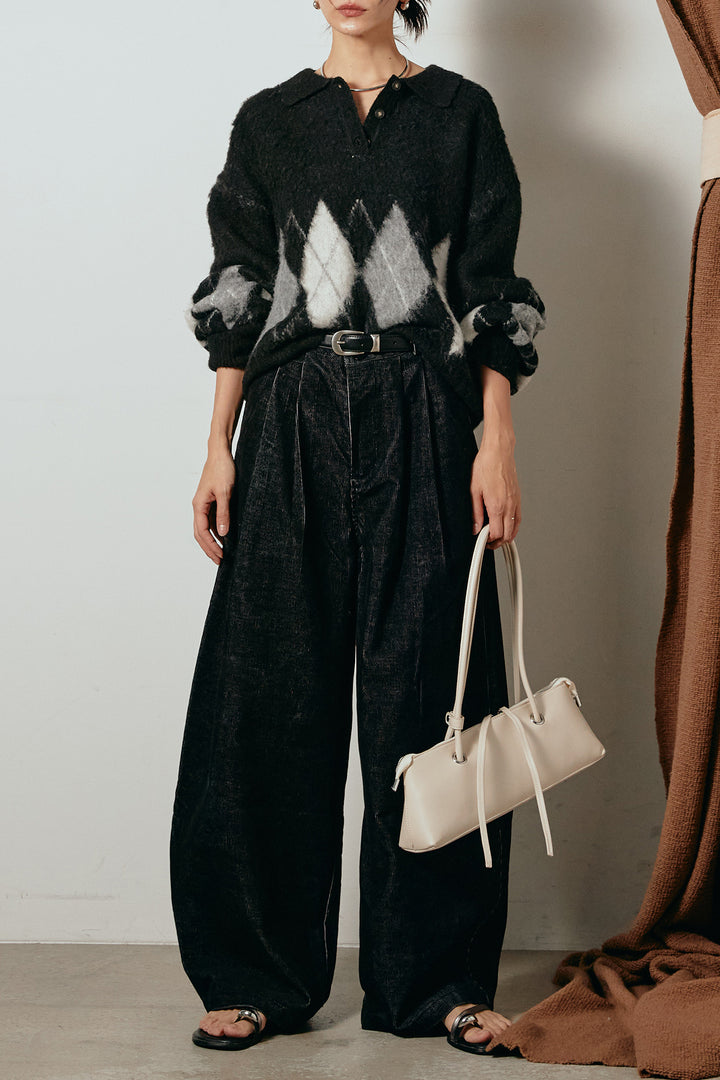 [SET]アーガイル柄ポロニットトップス+フロントタック入りコーデュロイパンツ(2set)