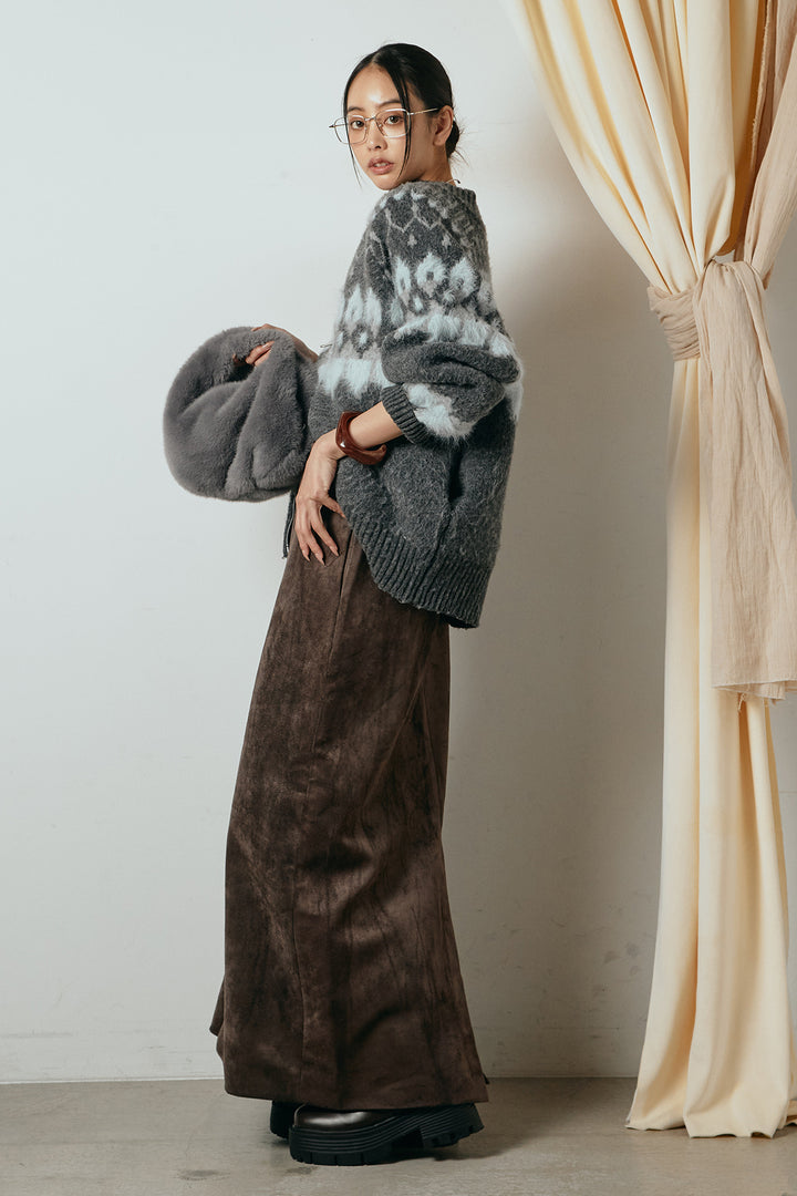 [SET]起毛ダブルジップパターンニットカーディガン+エコスウェードワイドスカート(2set)