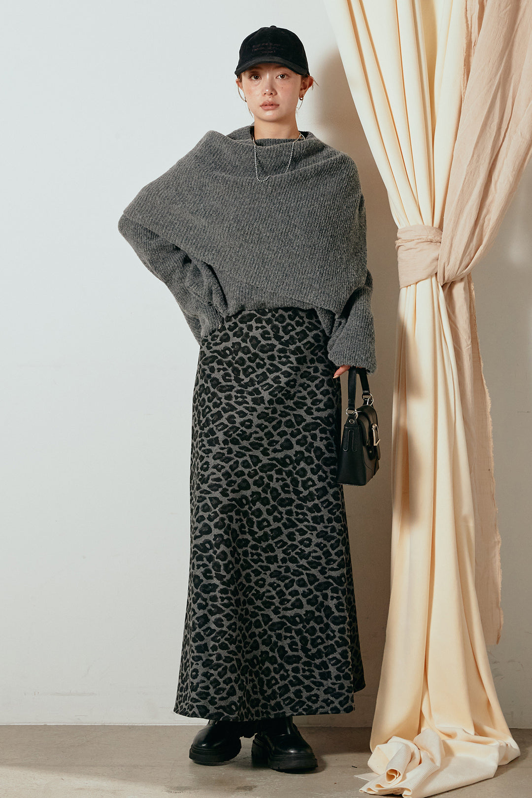 [SET]ケープデザインリブニットトップス+レオパードロングスカート(2set)