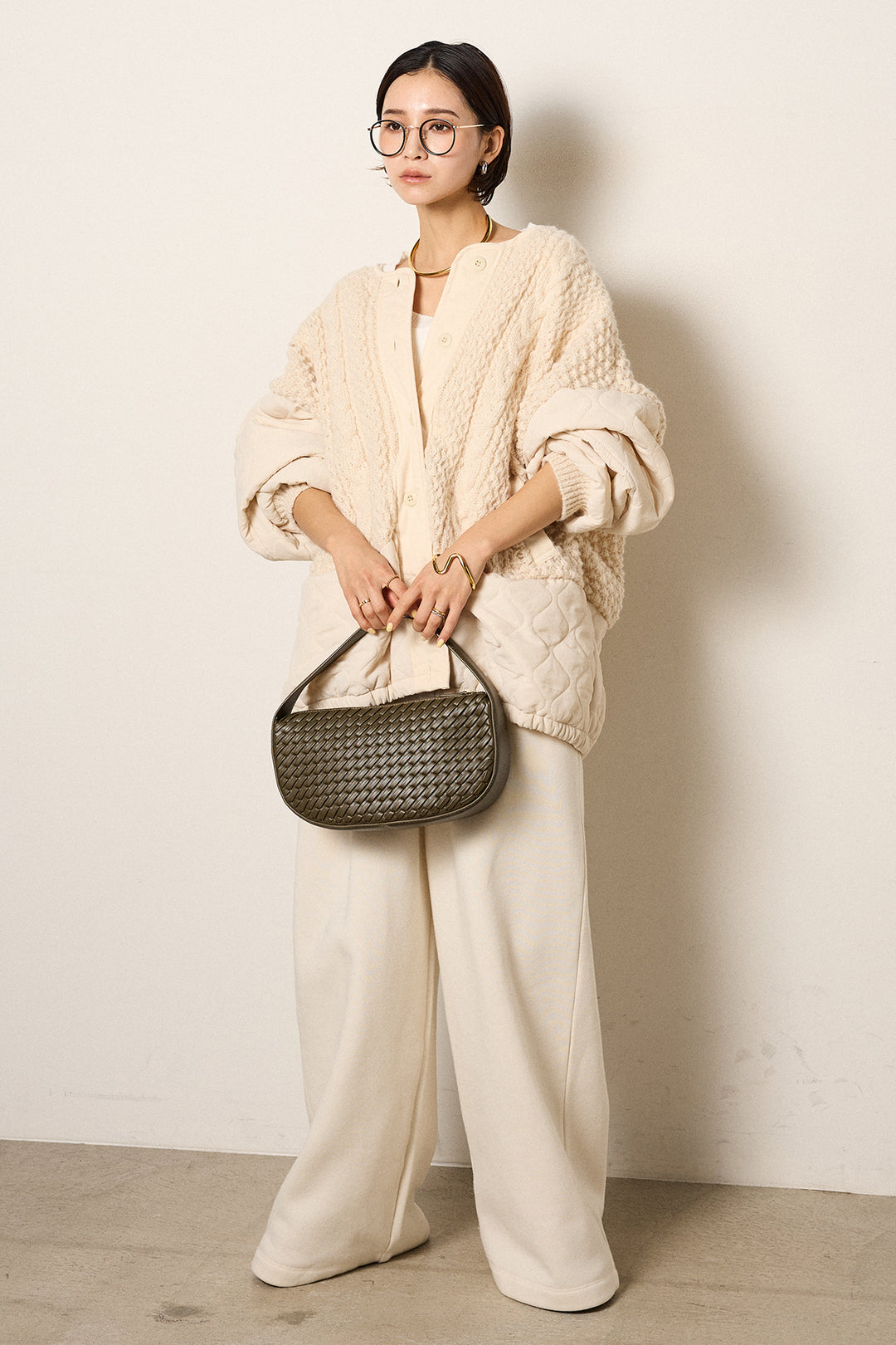 [SET]アラン編みニットノーカラー裾キルティングブルゾン+裏起毛スウェットワイドパンツ(2set)