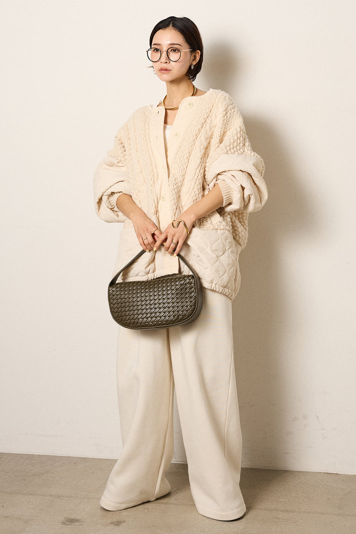 [SET]アラン編みニットノーカラー裾キルティングブルゾン+裏起毛スウェットワイドパンツ(2set)