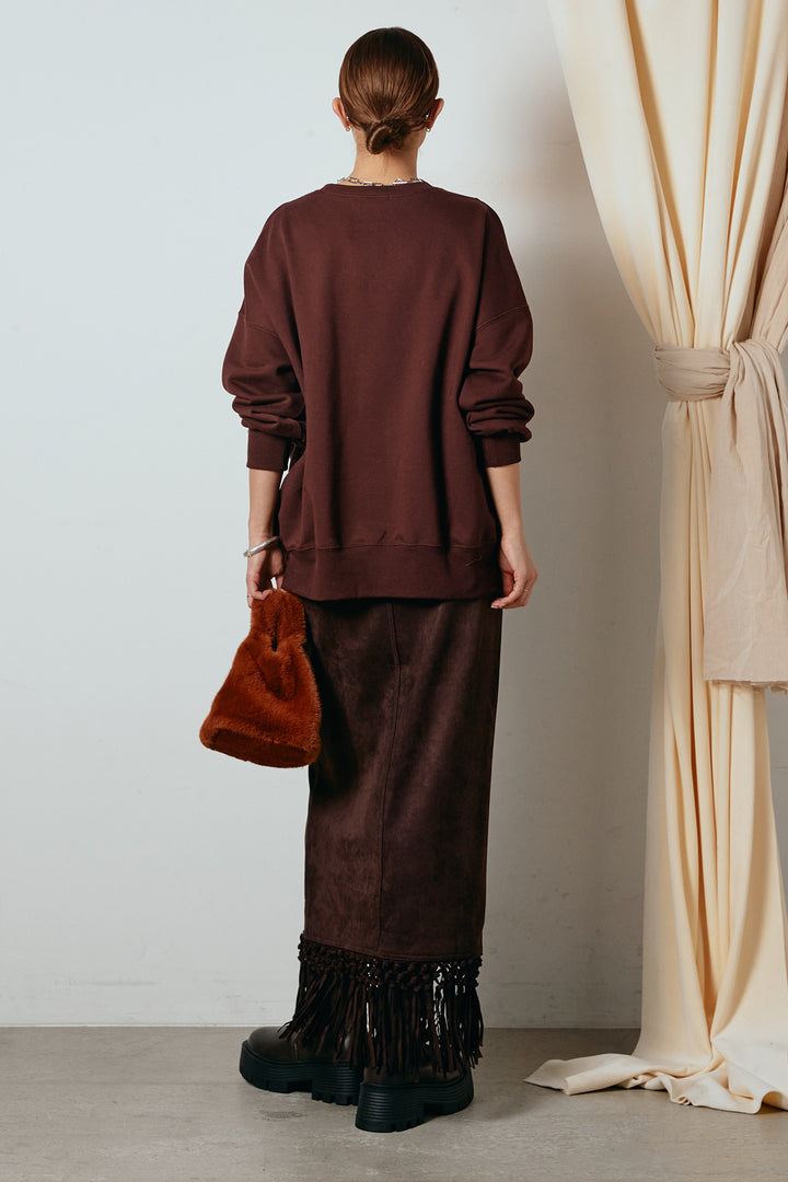 [SET]裏毛カレッジプリントプルオーバー+スウェードライク裾フリンジスカート(2set)