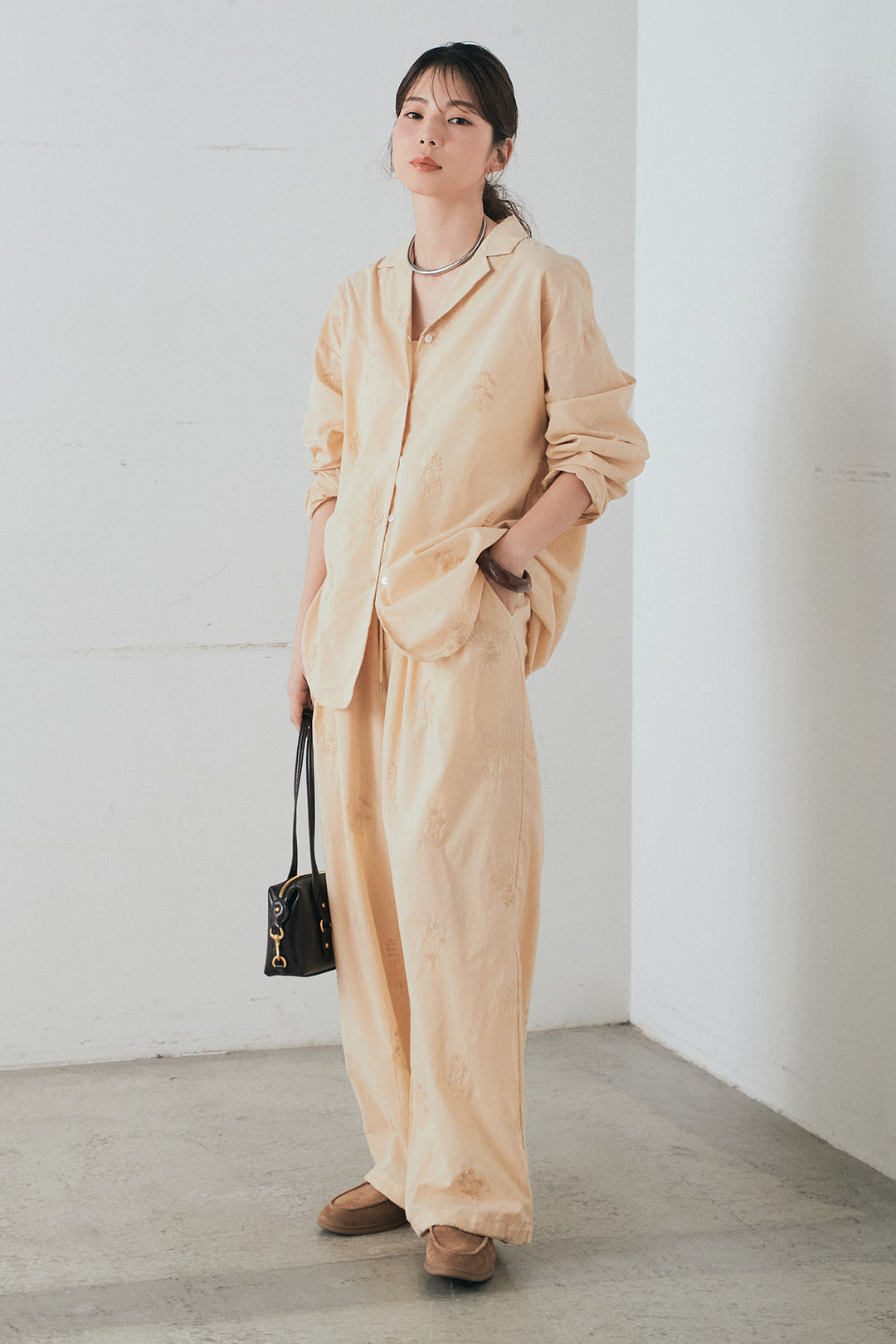 [SET]刺繍ローンオープンカラーシャツ+刺繍ローンタックイージーパンツ(2set)